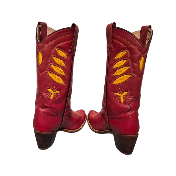 Vintage Sasson Red Leather Yellow Inlay Cowboy Western Boots Women's Size 7B - Picture 6 of 10
